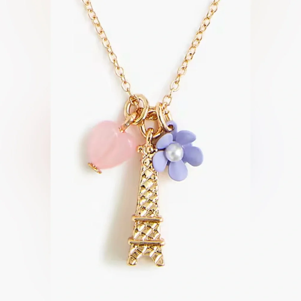Gold Eiffel Tower Pendant Necklace with Pink Heart & Lavender Flower Charms